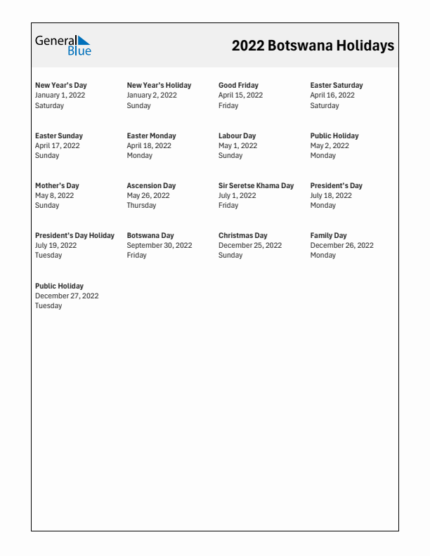 Free printable list of Botswana holidays for year 2022