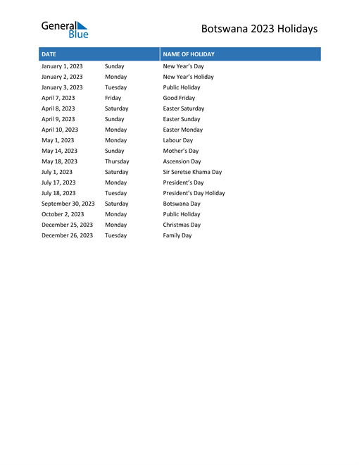 Botswana Holidays 2023 in PDF, Word and Excel