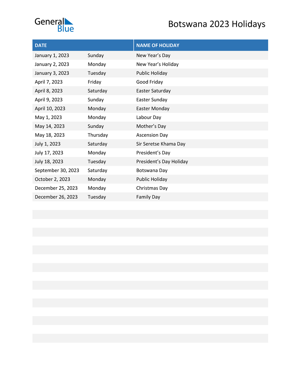 Botswana Holidays 2023 in PDF, Word and Excel