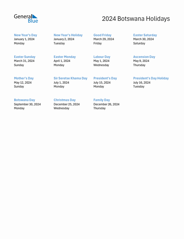 Free printable list of Botswana holidays for year 2024