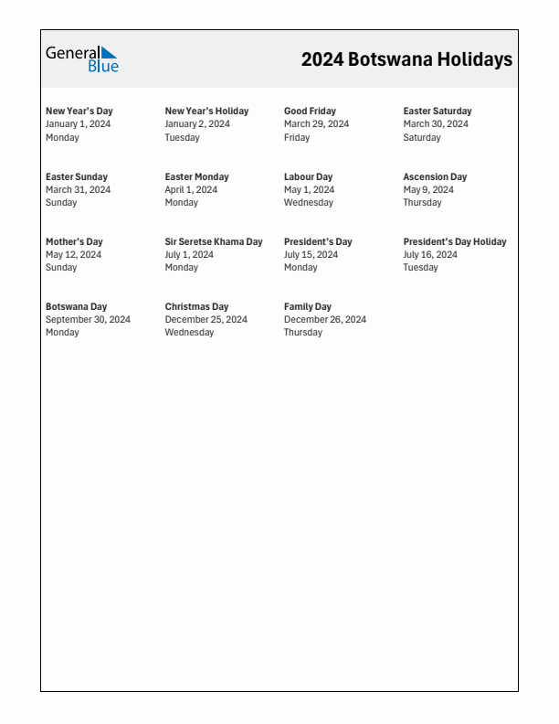 Free printable list of Botswana holidays for year 2024