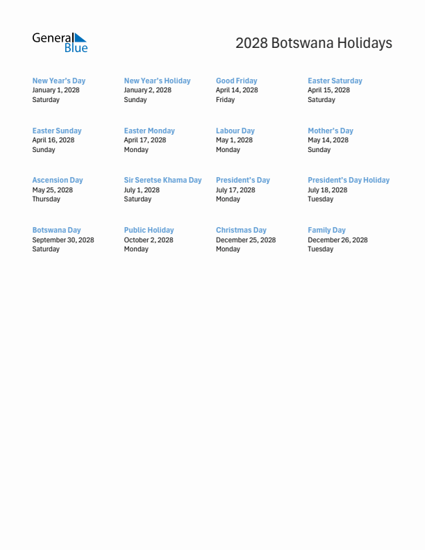Free printable list of Botswana holidays for year 2028