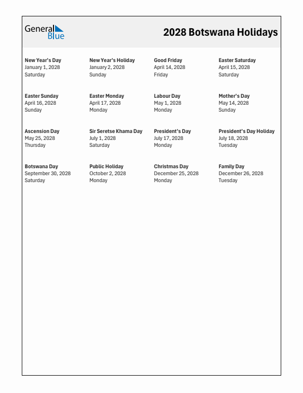 Free printable list of Botswana holidays for year 2028