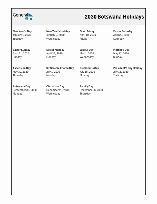 Free printable list of Botswana holidays for year 2030