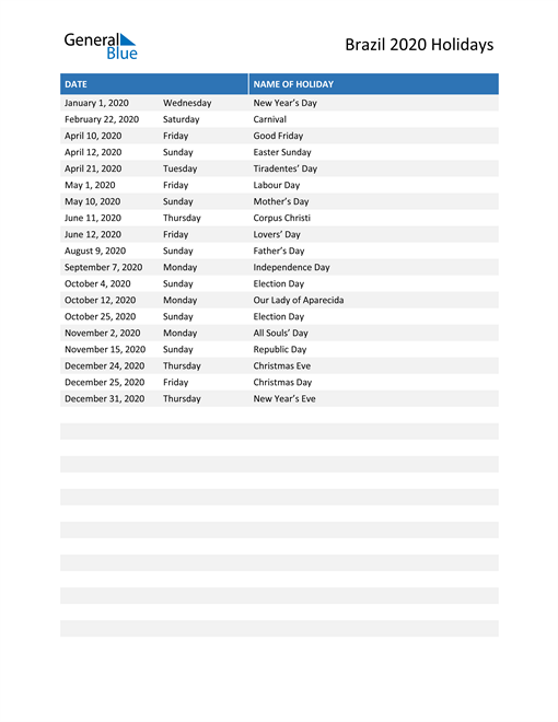 Brazil Holidays 2020 in PDF, Word and Excel