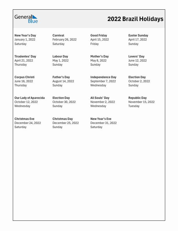 Free printable list of Brazil holidays for year 2022