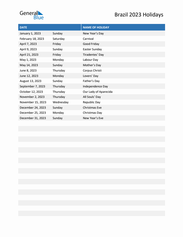 2023 Brazil List Of Holidays In PDF Word And Excel