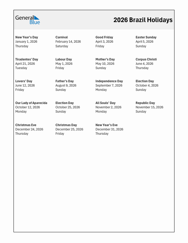 Free printable list of Brazil holidays for year 2026