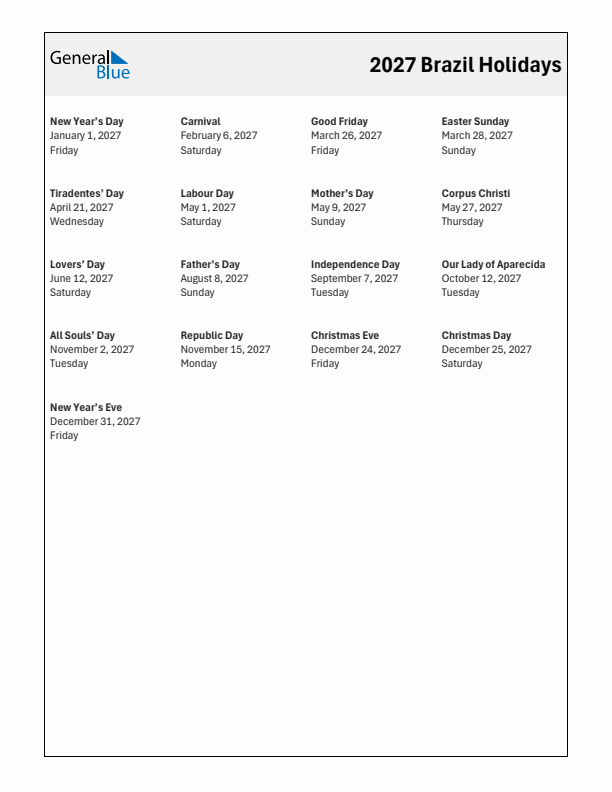 Free printable list of Brazil holidays for year 2027