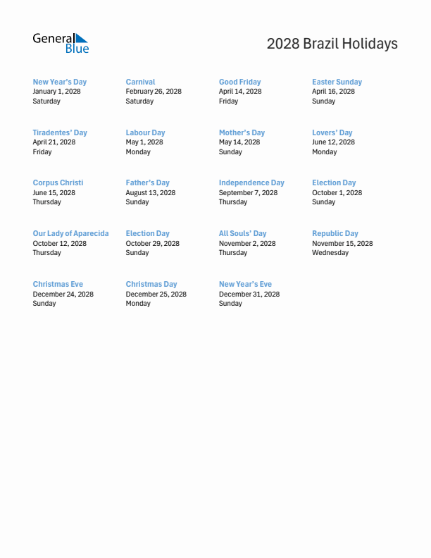 Free printable list of Brazil holidays for year 2028