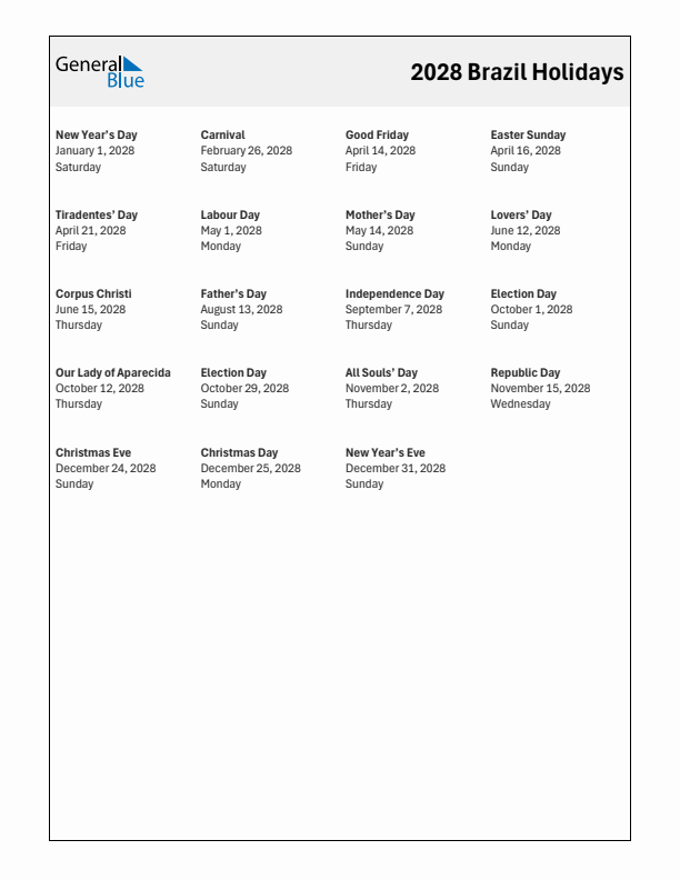 Free printable list of Brazil holidays for year 2028