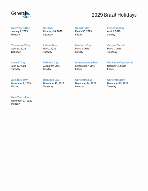 Free printable list of Brazil holidays for year 2029