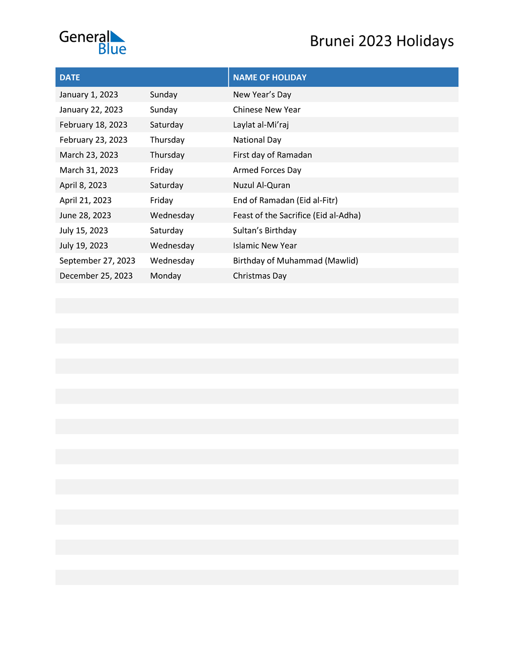 2023 Calendar With Holidays Brunei Brunei Holidays 2023 In Pdf Word And Excel