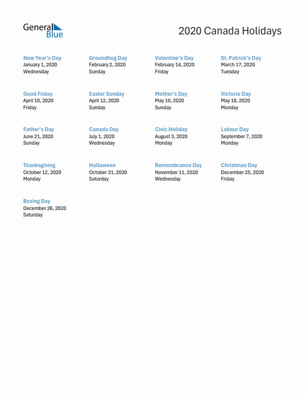 Free printable list of Canada holidays for year 2020