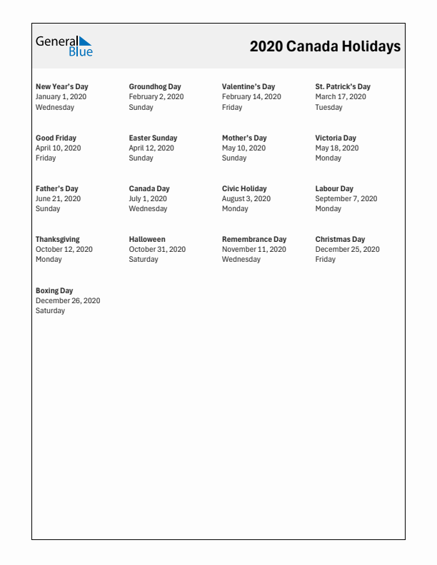 Free printable list of Canada holidays for year 2020