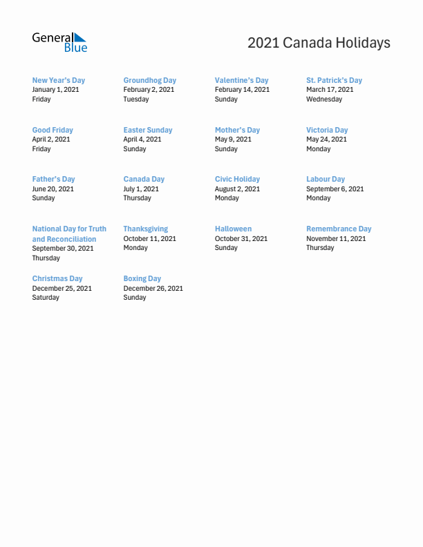 Free printable list of Canada holidays for year 2021