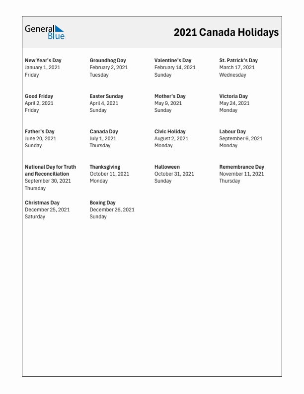 Free printable list of Canada holidays for year 2021