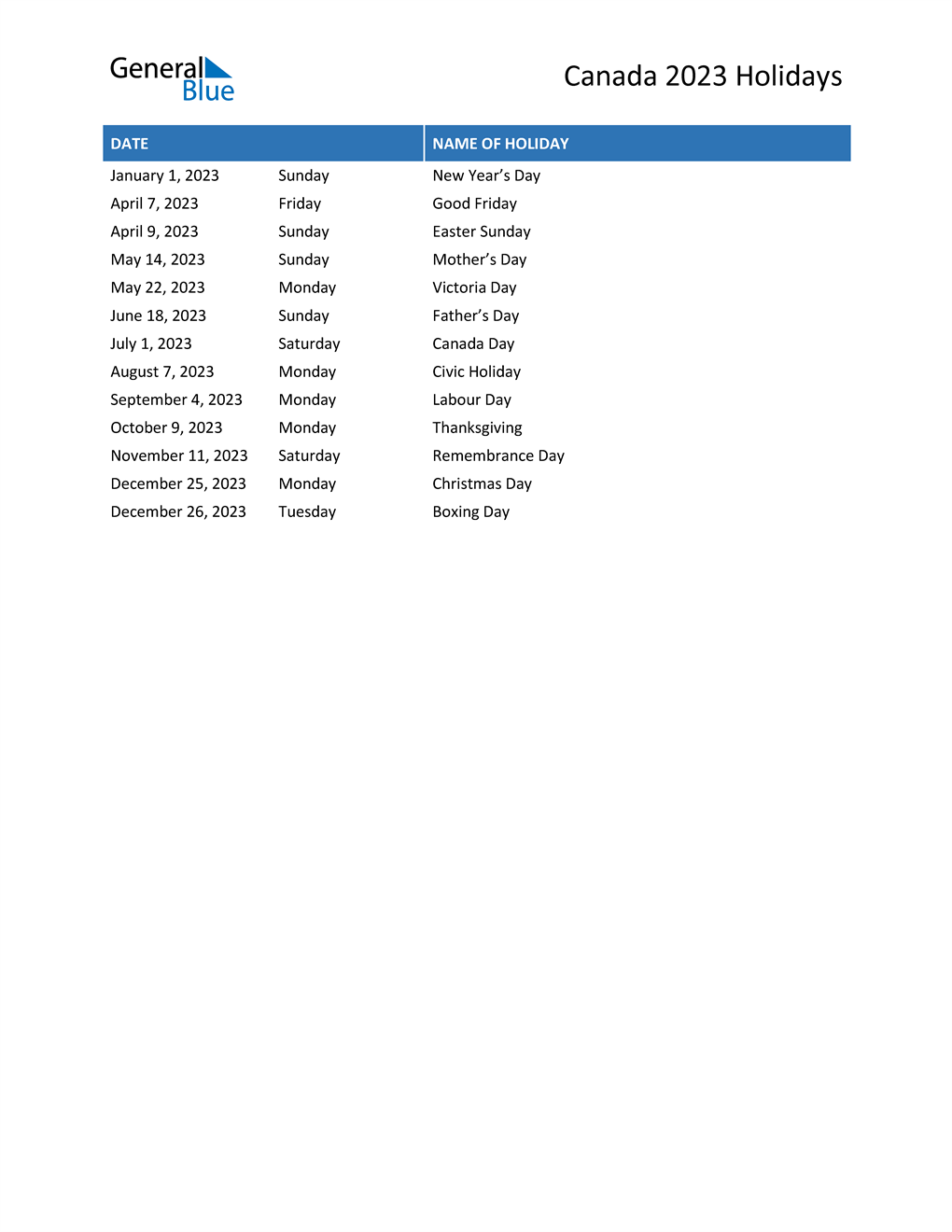 Canada Holidays 2023 in PDF, Word and Excel