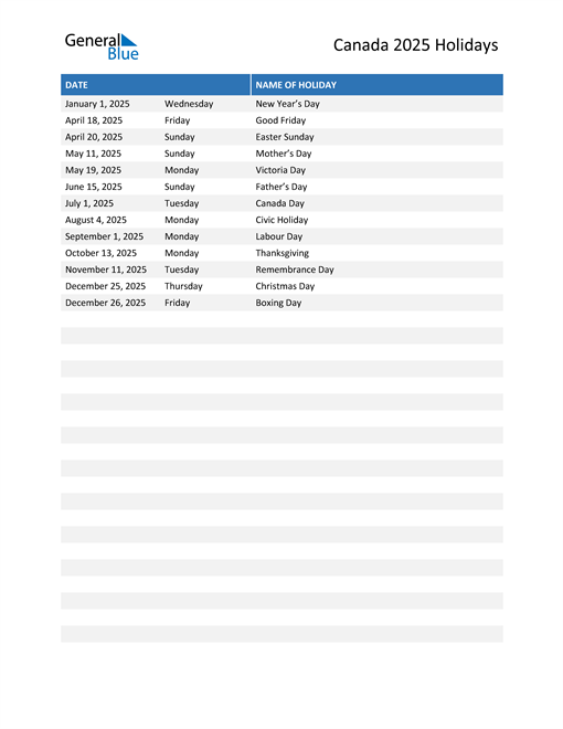 Canada Holidays 2025 in PDF, Word and Excel