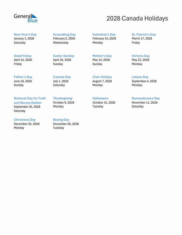 Free printable list of Canada holidays for year 2028