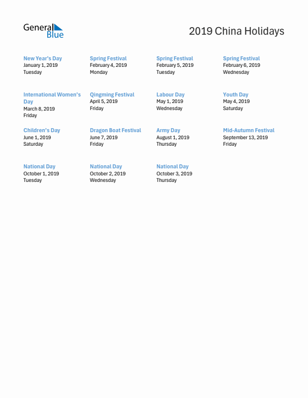 Free printable list of China holidays for year 2019