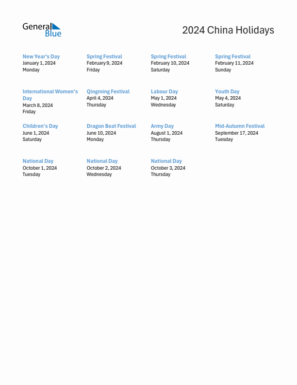 Free printable list of China holidays for year 2024