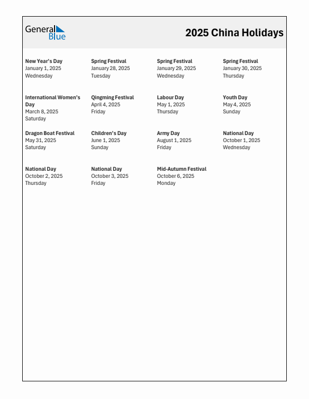 Free printable list of China holidays for year 2025