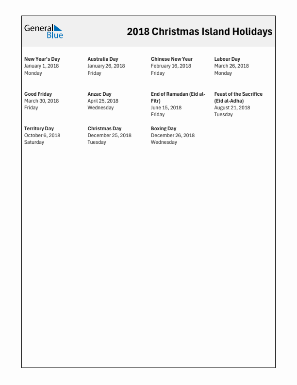 Free printable list of Christmas Island holidays for year 2018