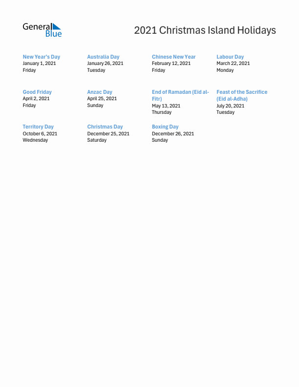 Free printable list of Christmas Island holidays for year 2021