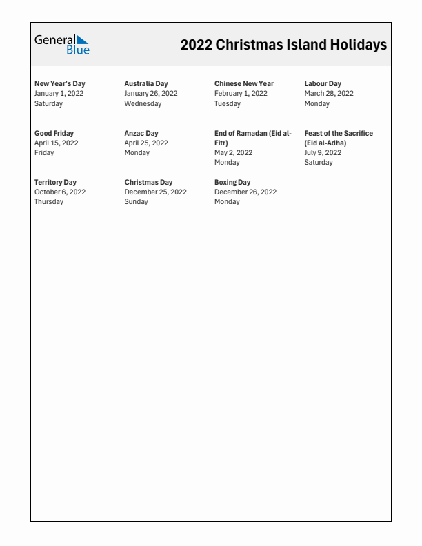 Free printable list of Christmas Island holidays for year 2022