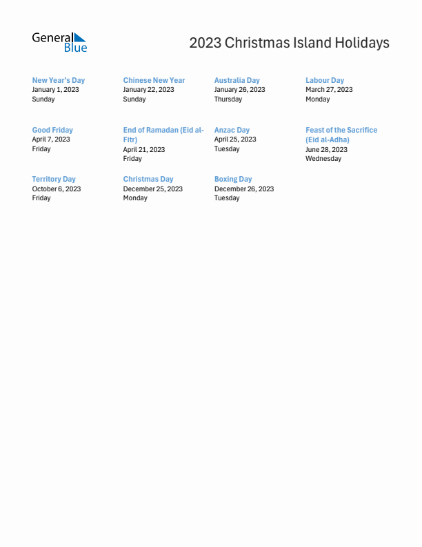 Free printable list of Christmas Island holidays for year 2023
