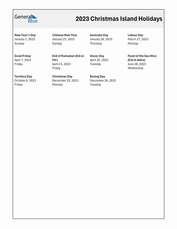 Free printable list of Christmas Island holidays for year 2023