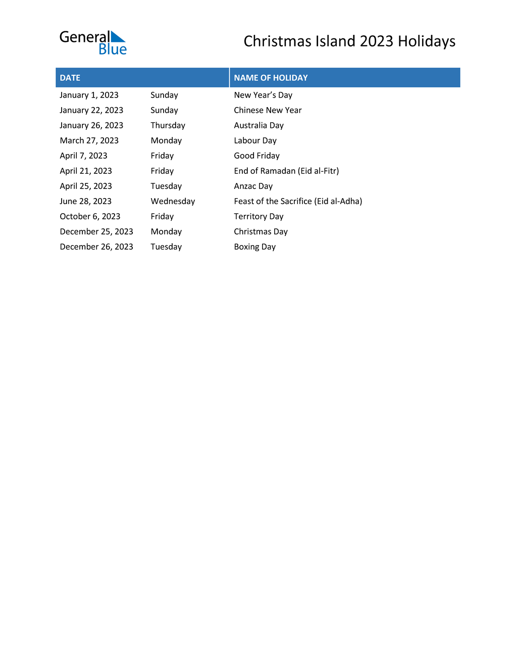 Christmas Island Holidays 2023 In Pdf, Word And Excel