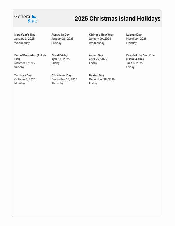 Free printable list of Christmas Island holidays for year 2025