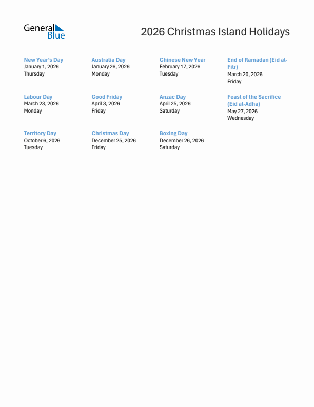 Free printable list of Christmas Island holidays for year 2026