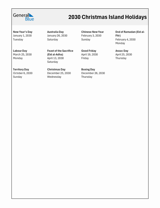 Free printable list of Christmas Island holidays for year 2030