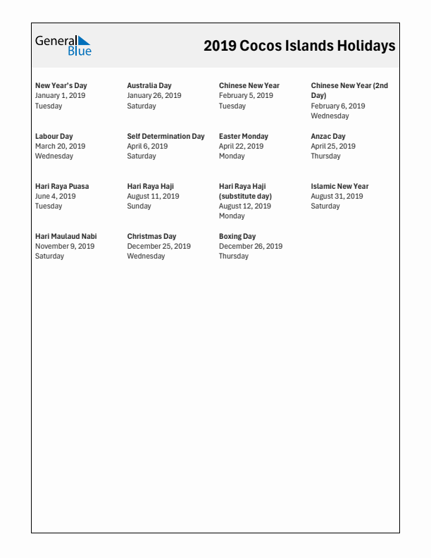 Free printable list of Cocos Islands holidays for year 2019