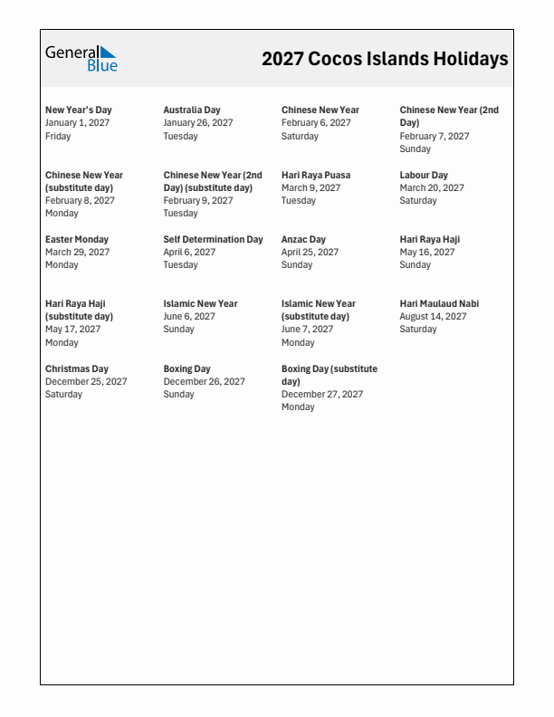 Free printable list of Cocos Islands holidays for year 2027