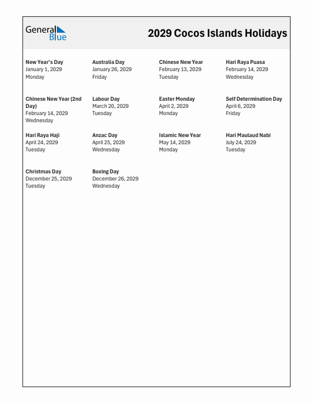 Free printable list of Cocos Islands holidays for year 2029