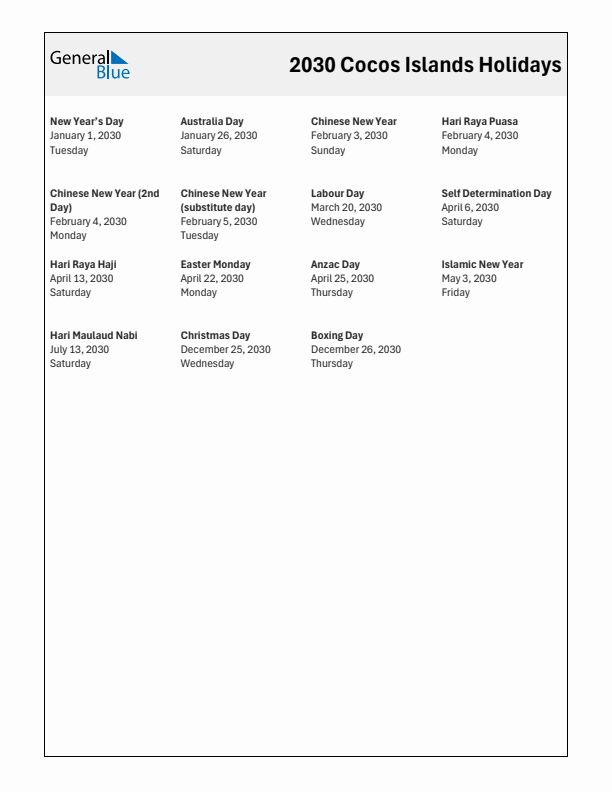 Free printable list of Cocos Islands holidays for year 2030