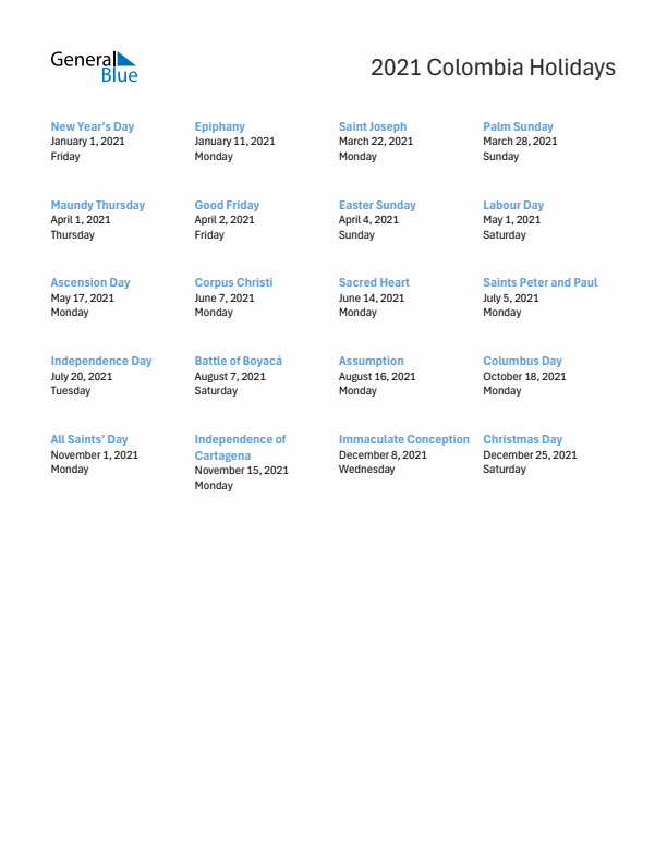 Free printable list of Colombia holidays for year 2021