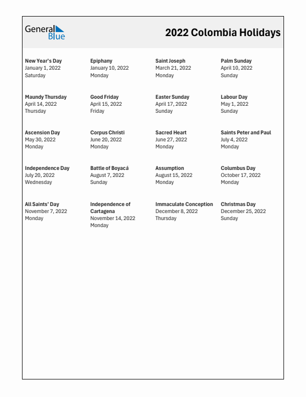 Free printable list of Colombia holidays for year 2022