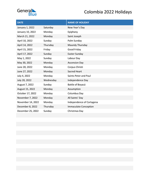 Colombia Holidays 2022 in PDF, Word and Excel