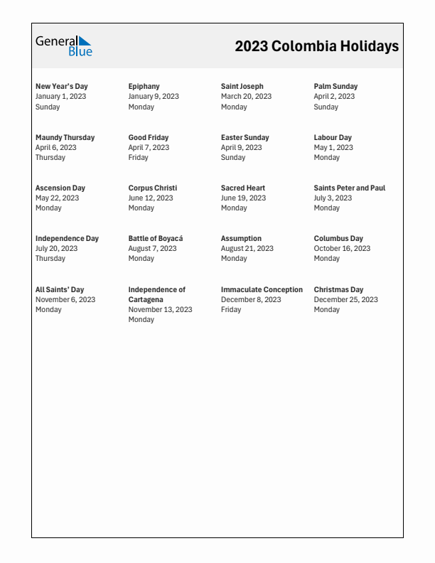 Free printable list of Colombia holidays for year 2023