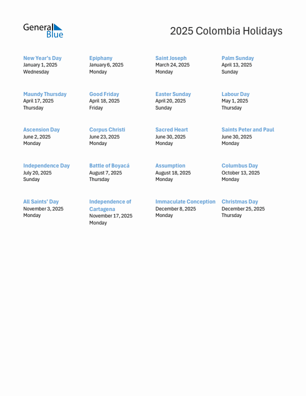 Free printable list of Colombia holidays for year 2025