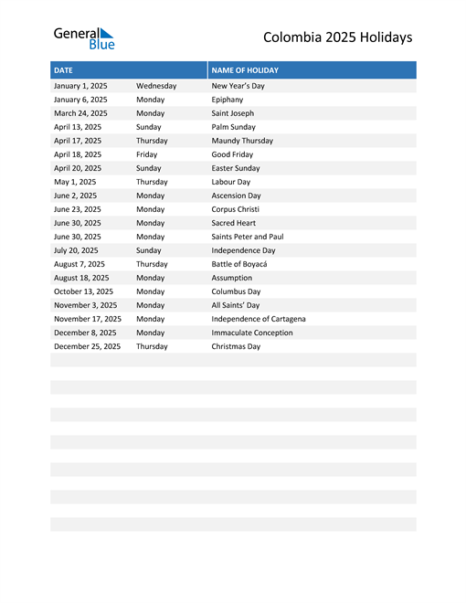 Colombia Holidays 2025 in PDF, Word and Excel