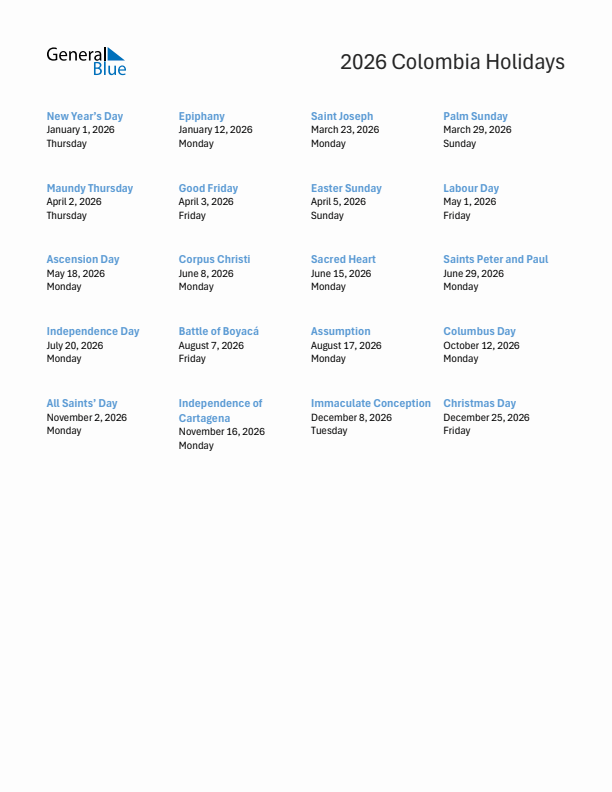 Free printable list of Colombia holidays for year 2026