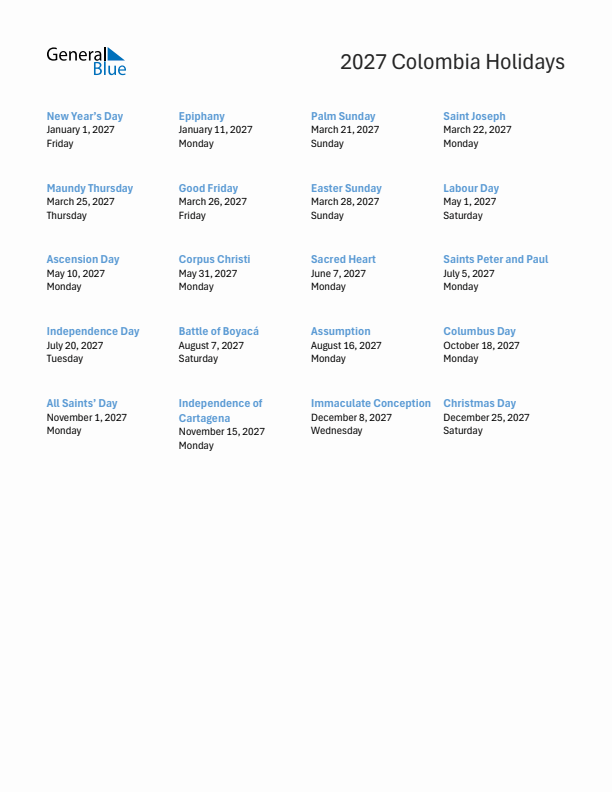 Free printable list of Colombia holidays for year 2027