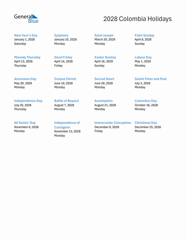 Free printable list of Colombia holidays for year 2028