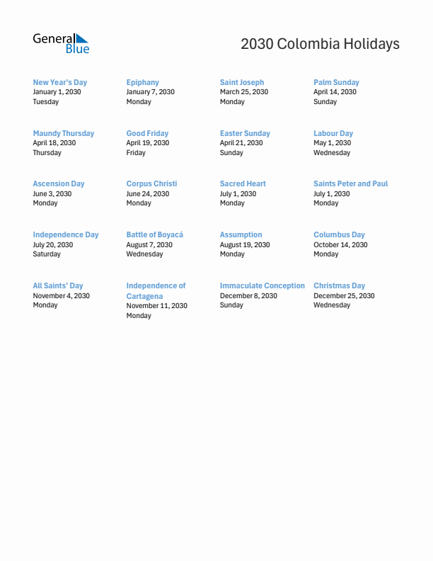 Free printable list of Colombia holidays for year 2030